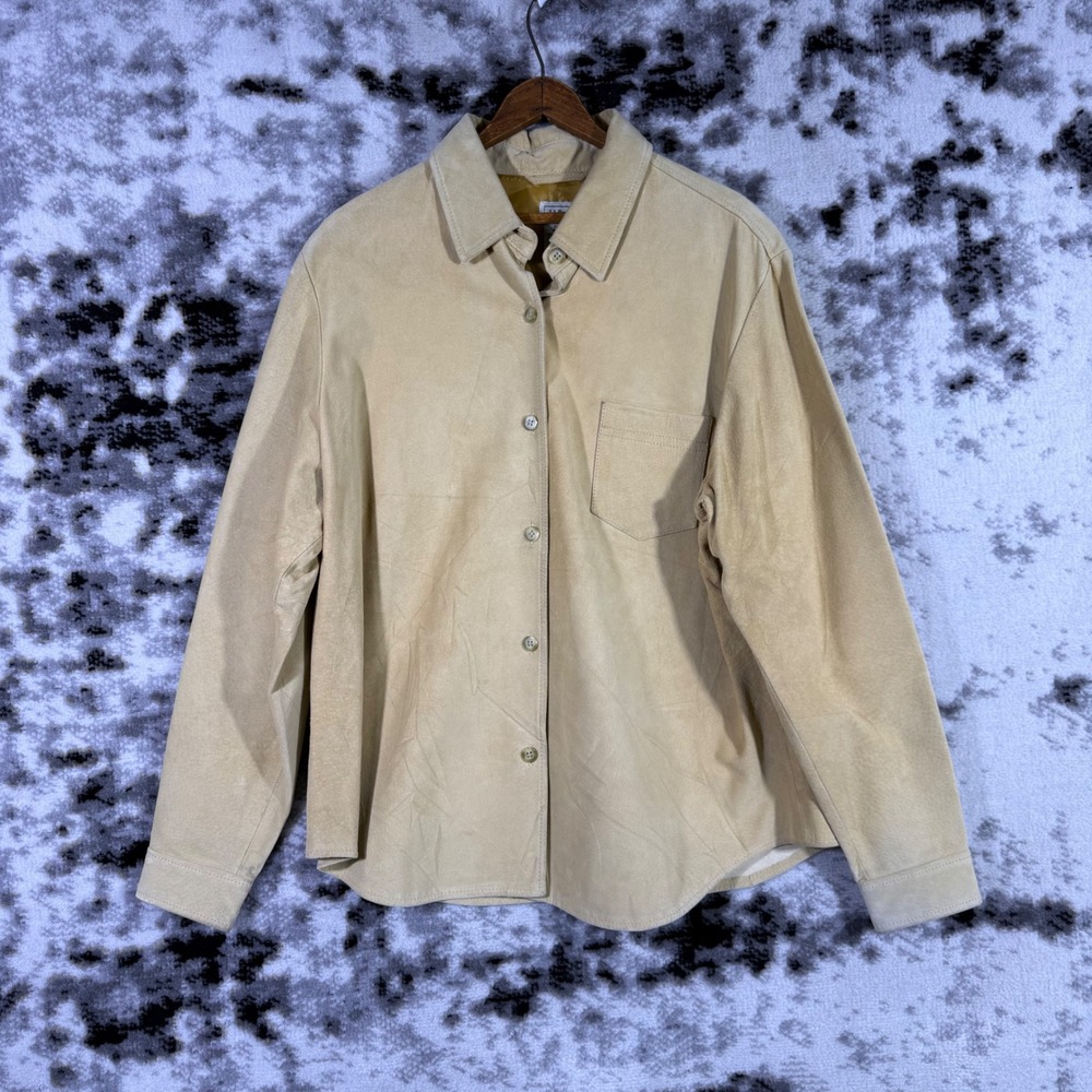 LL Bean Womens Khaki Tan Leather Button Up‎ Shirt Jacket Size XL Regular